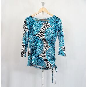 Amber Sun Top Turquoise Black White Floral Print Side Tie Top Misses Size L
